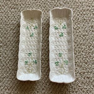 Belleek Elongated Plate Small Serving Platters Cream Green Vintage Pottery EUC